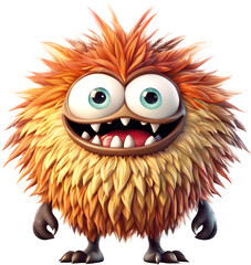 Wall Mural - Funny shaggy furry cheerful monster with big eyes and smiling mouth with big white teeth, isolated on transparent background. Children's cartoon character or cute soft toy. Generative AI