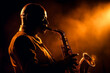 Black man playing saxophone on a smoky background. Generative AI.