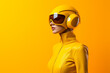 © NPix - Woman wearing yellow futuristic jumpsuit and helmet. Generative AI.