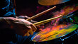 Electrifying close-up of a rock drummer's hands striking drums, vibrant digital light pulsing with each hit expressing rhythm and raw energy. Generative AI
