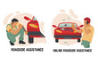 Car Towing and Roadside service banners set, flat vector illustration isolated on background. Roadside service and assistance, drive inn, car repair 24 hour help.
