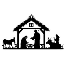 Holy Night Silhouette - Nativity Scene Of Baby Jesus Silhouette In A Manger With Mary And Joseph With The Three Wise Men. Christian Christmas Silhouette Of Animals. Illustration For Children.