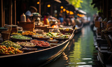 Floating Market In Asia, Boats With Goods.