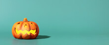 Halloween Pumpkin On Blue Background, Banner