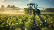 A low angle view capturing the efficiency and speed of a tractor spraying pesticides on a soybean field