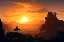 Wild Cowboy Sunset View. Generate Ai