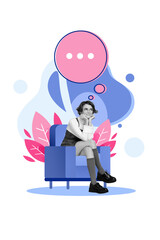 Sticker - Banner collage sketch of minded lady sit house cosy armchair think dream look empty space isolated on drawing blue color background