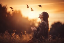 Woman Praying Sunset View. Generate Ai