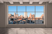 Empty Room Interior Skyscrapers View Cityscape. Downtown San Francisco City Skyline Buildings From High Rise Window. Beautiful California Real Estate. Sunset. 3d Rendering.