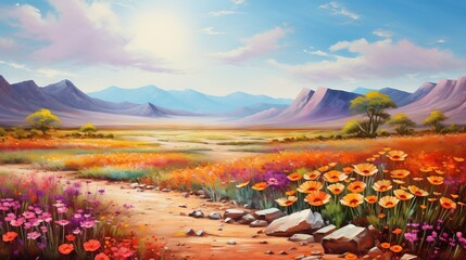 Wall Mural -  a painting of a dirt road with flowers and mountains in the background.  generative ai