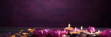 Diwali Is An Indian Holiday, The Festival Of Fire. Lotus Flowers And Diyas Oil Lamps. With Generative AI Technology