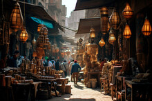 Old Arabic Bazaar Shopping In Outdoor Market. Crowded