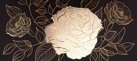 Gold outline rose flowers on black background for fabric design, textile print or web background.