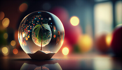  A transparent apple crystal ball on the abstract light bokeh blurred background Ai generated image
