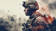 Portrait Of A Soldier Hero, A War Background. Blast