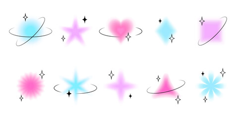 Poster - Set of vector blurry figures and shapes with retro Y2K frames with stars and square technological borders.