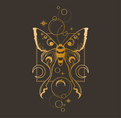 Sticker - Magic celestial butterfly and moon clipart in golden foil texture, mystic space moth with crescent moon, gold colored insects composition in vector, isolated element for t-shirt, poster, postcards