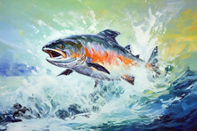 Beautiful Painting Of Coho Salmon Jumping Over Water And Splashing. Wildlife Animals. Illustration, Generative AI.