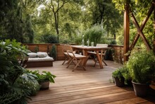 Quiet Garden Terrace, Ideal Place To Enjoy The Beauty Of Spring And Summer. The Harmony Of Wood And Nature Creates A Relaxing Atmosphere.