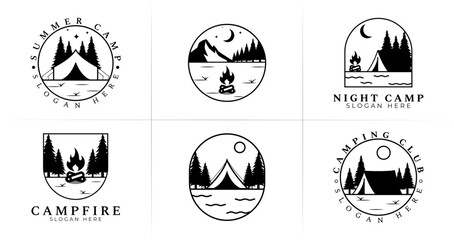 Wall Mural - Set of minimal camping logo. Outdoor symbol with tent, tree, campfire concept