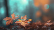 Ambiance automnale, feuilles oranges, jaunes, or sur les branches d'un arbre. Arrière-plan de flou et lumière bleu, froide. Automne, hiver, feuilles mortes. Pour conception et création graphique