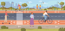 Bike Walking Path, Cyclist Traffic Or Road Rules Flat Cartoon Vector Illustration. Cyclists Use Route, Cycling Bike Rider. Biking Man And Active Rest, Pedestrian Way And People