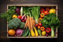 Freshly Harvested Vegetables Arranged In Farmers Crate, Top View