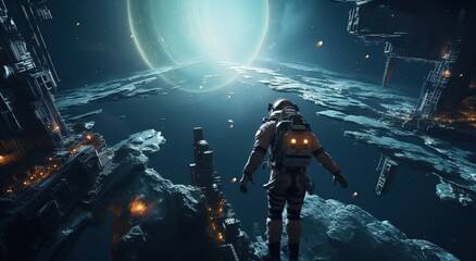 Wall Mural - An astronaut on an alien planet in front of the light of the space-time portal. exploration of the science fiction universe.