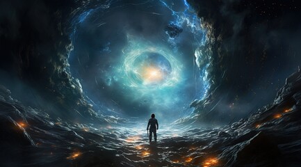 an astronaut on an alien planet in front of the light of the space-time portal. exploration of the s