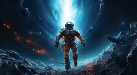 Wall Mural - An astronaut on an alien planet in front of the light of the space-time portal. exploration of the science fiction universe.