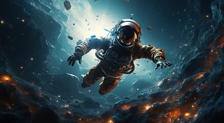 Wall Mural - An astronaut on an alien planet in front of the light of the space-time portal. exploration of the science fiction universe.