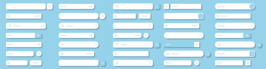 Poster - Search bar, search boxes collection with shadow. Set of search bar elements for browser with text field and search button. Search bar frame with magnifier icon
