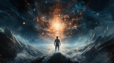 Wall Mural - An astronaut on an alien planet in front of the light of the space-time portal. exploration of the science fiction universe.