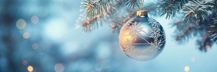 a blue christmas ball hangs on a snowy fir branch
