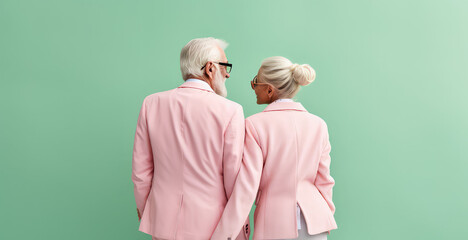 Senior white couple in love matching outfit in pastel pink green mint colors. Trendy old couple back view. Copy space for text, flat lay.