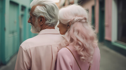 Senior white couple in love matching outfit in pastel pink green mint colors. Trendy old couple back view.