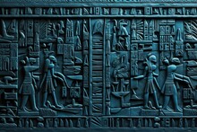 Dark Blue Colored Prehistoric Egyptian Texts, Drawings And Hieroglyphs Inside A Pyramid. Background And Texture