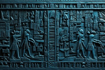 dark blue colored prehistoric egyptian texts, drawings and hieroglyphs inside a pyramid. background 