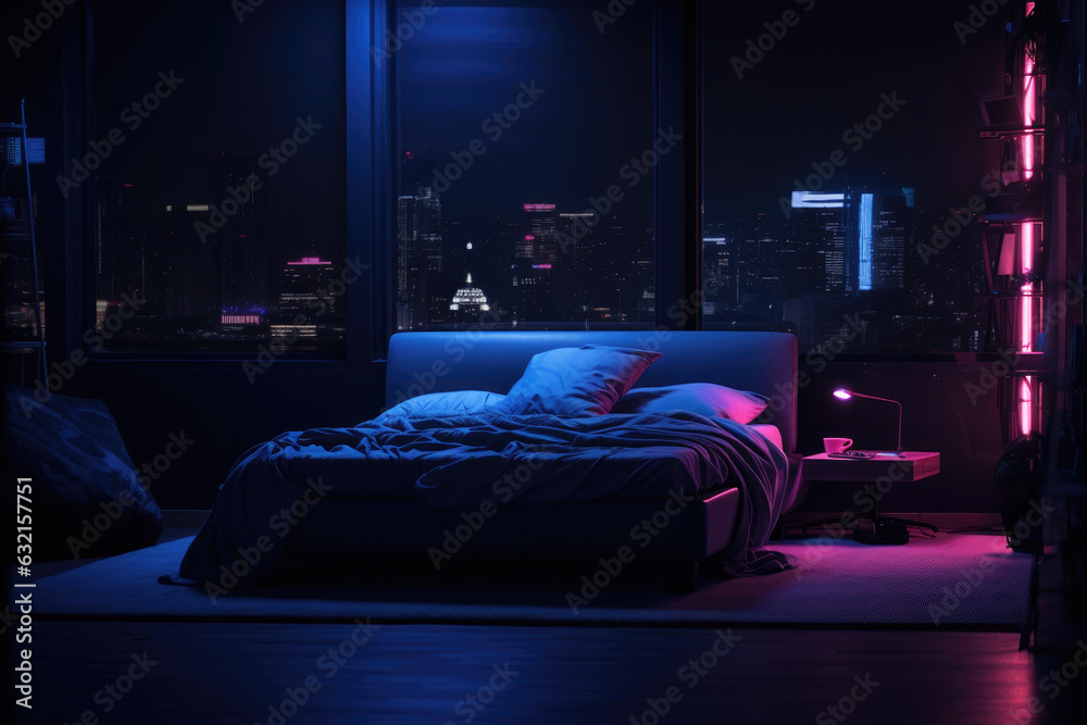 The interior of a bedroom with a bed and large windows at night with ...