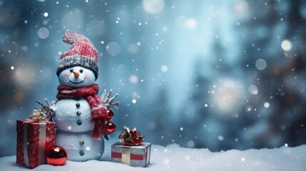 Wall Mural - Christmas card with snowman and gifts. Generative AI