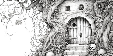 AI Generated. AI Generative. Kids coloring book page with fantasy house home building in tree. Graphic Art