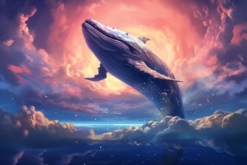 Wall Mural - An abstract image of whale and moon in the clouds. Beautiful illustration picture. Generative AI