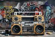 Boombox vector illustration with mural background. 80s technology. 90s music player. Retro style 90s boombox illustration, generative ai