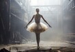 Balerina dancing in an empty industrial building. Paradoxal labor day conceptual background. Ai generated image