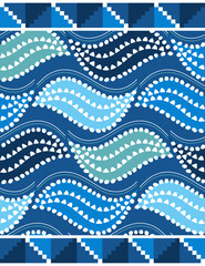 Wall Mural - African wax Ankara vector seamless pattern with blue waves, Java print fabric or textile design with geometric motif
