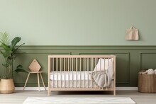 Wooden Baby Bed In Children Bedroom, Sage Green Wall