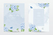 Set of pastel watercolor invitation cards with blue hydrangea flowers