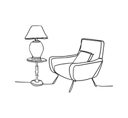 Wall Mural - Continuous line interior with armchair,  floor lamp. One line drawing of Living room with modern furniture. Vector illustration