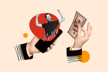 Picture collage image poster of crazy happy guy on screen display cash payment online shop order isolated creative drawing background