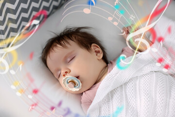 Poster - Lullaby songs. Cute little baby sleeping in bed. Illustration of flying music notes around child